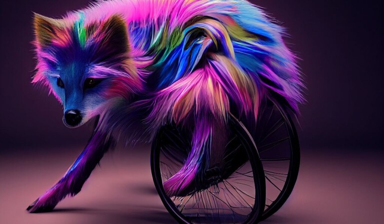 dream about disability multicoloured fox with front leg in wheelchair