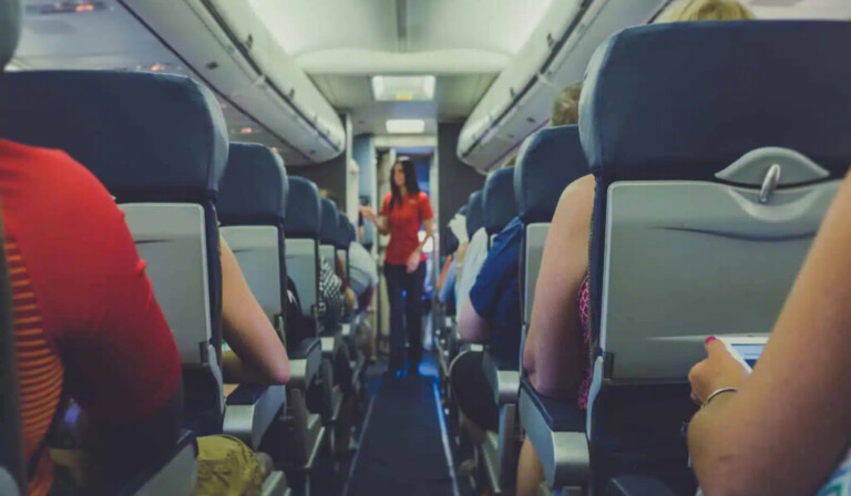 flight attendant standing between passenger seat