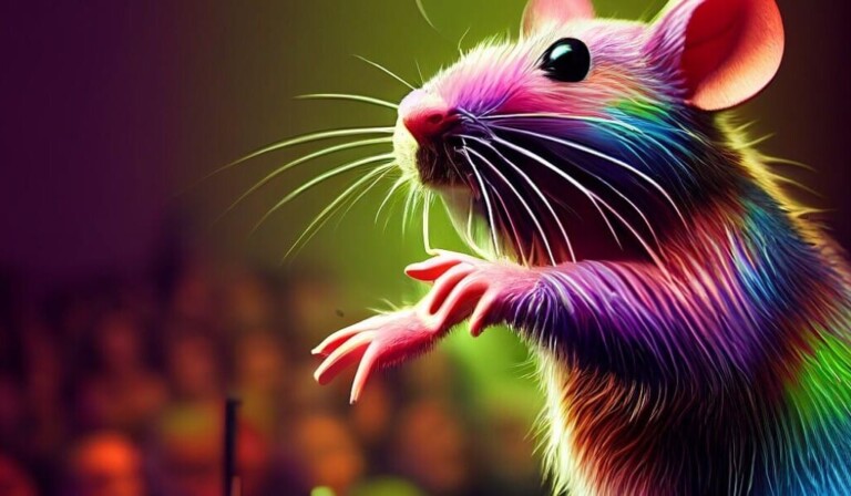 Droom over een lezing of presentatie veelkleurige rat geeft een lezing voor publiek d art