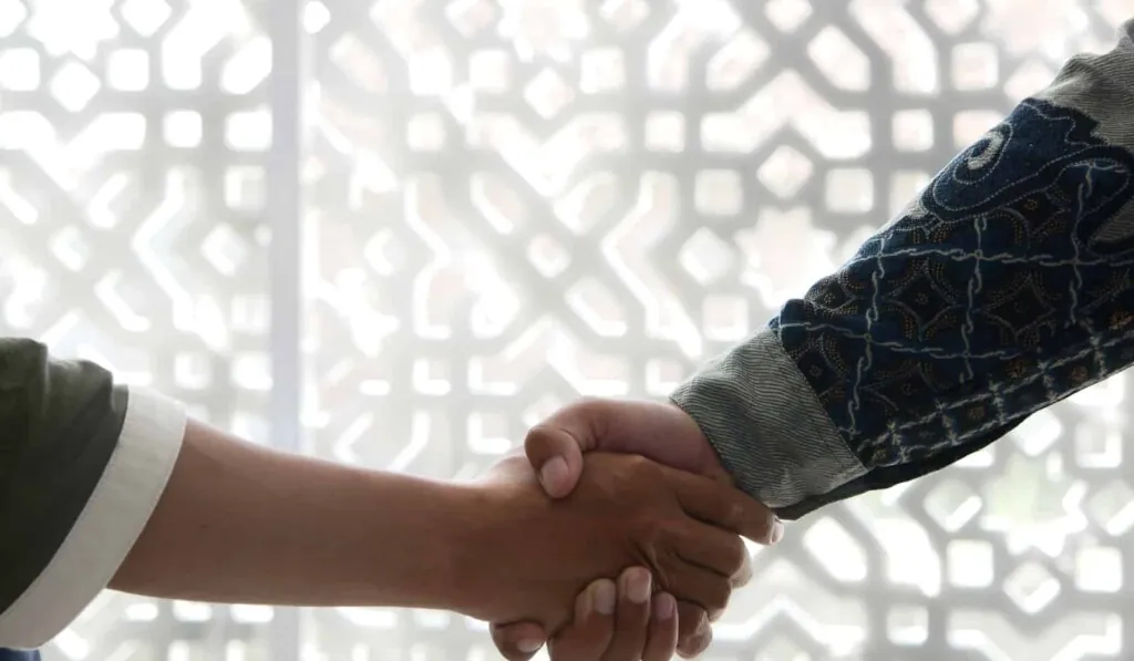 en närbild av två personer som skakar hand